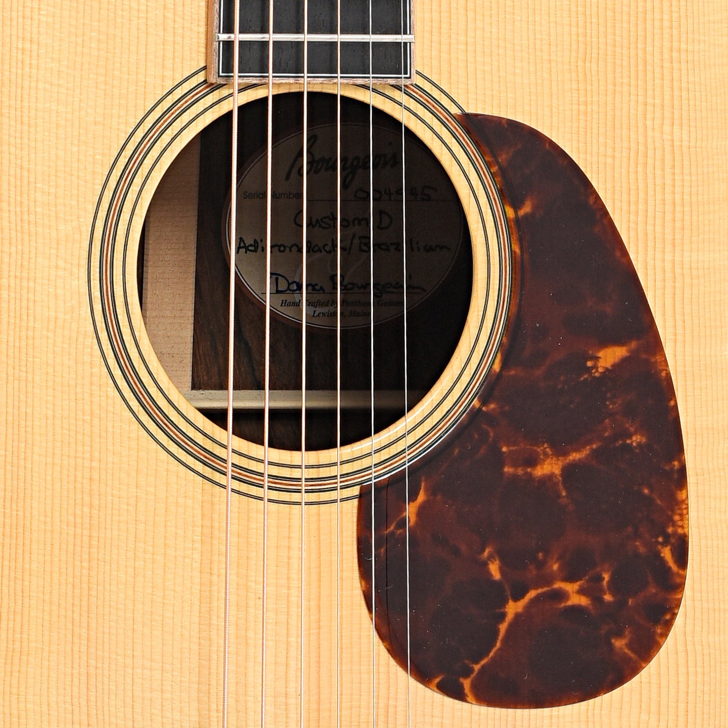 Sound hole and pickguard of Bourgeois Custom D Brazilian Acoustic Guitar