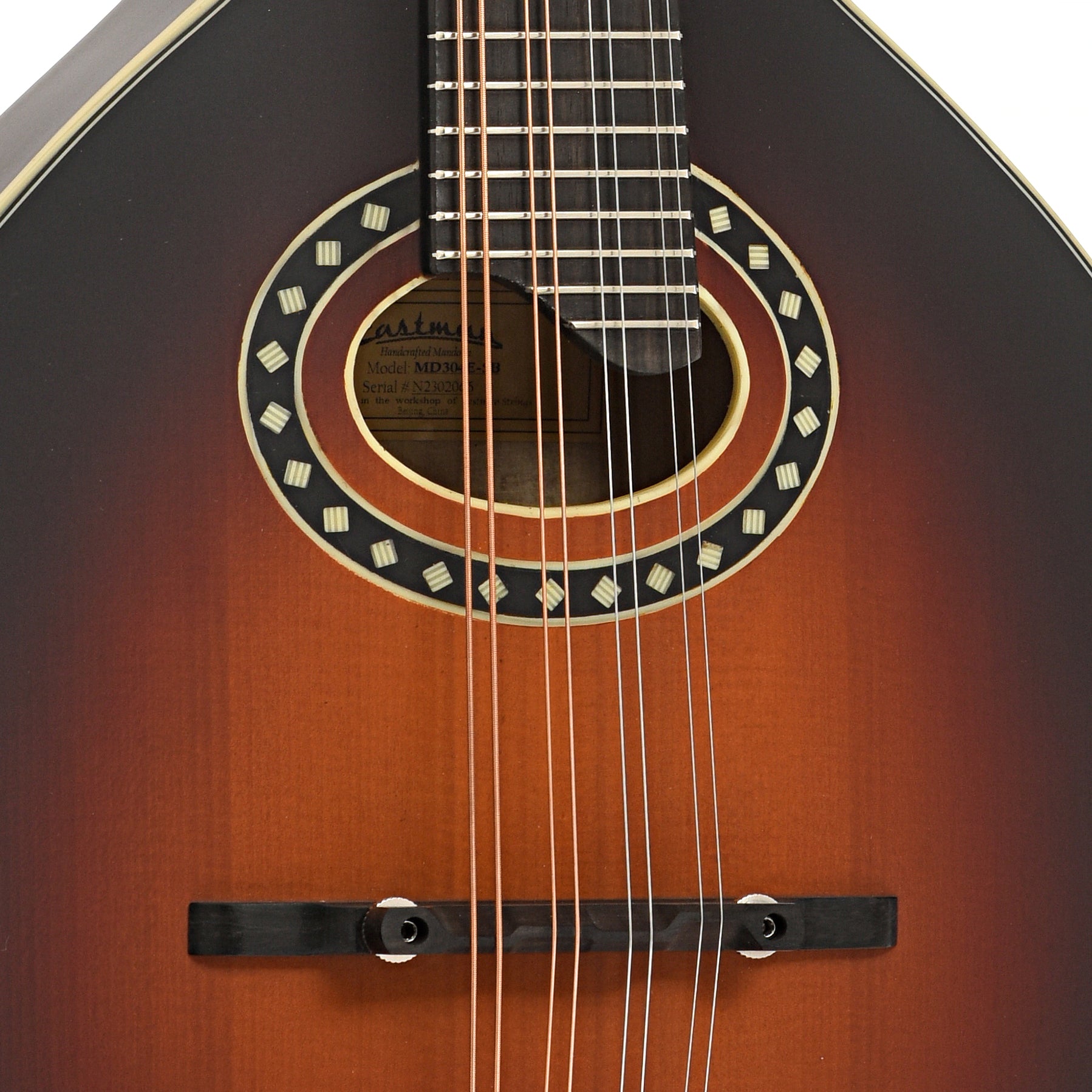 Bridge and sound hole of Eastman MD304E-SB Mandolin, Sunburst