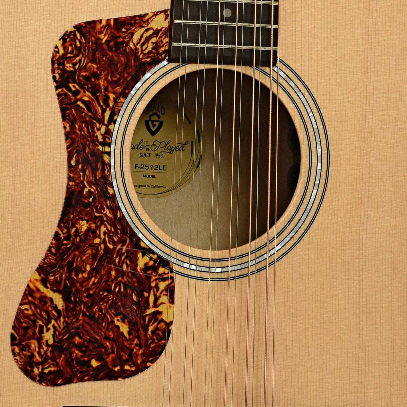 Soundhole of Guild F-2512E Maple Blonde Left Handed 12-String Acoustic Guitar