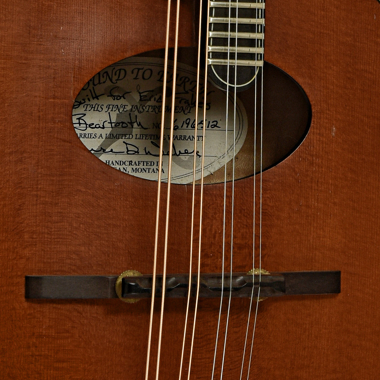 Soundhole and bridge of Weber Beartooth A Style Mandolin 