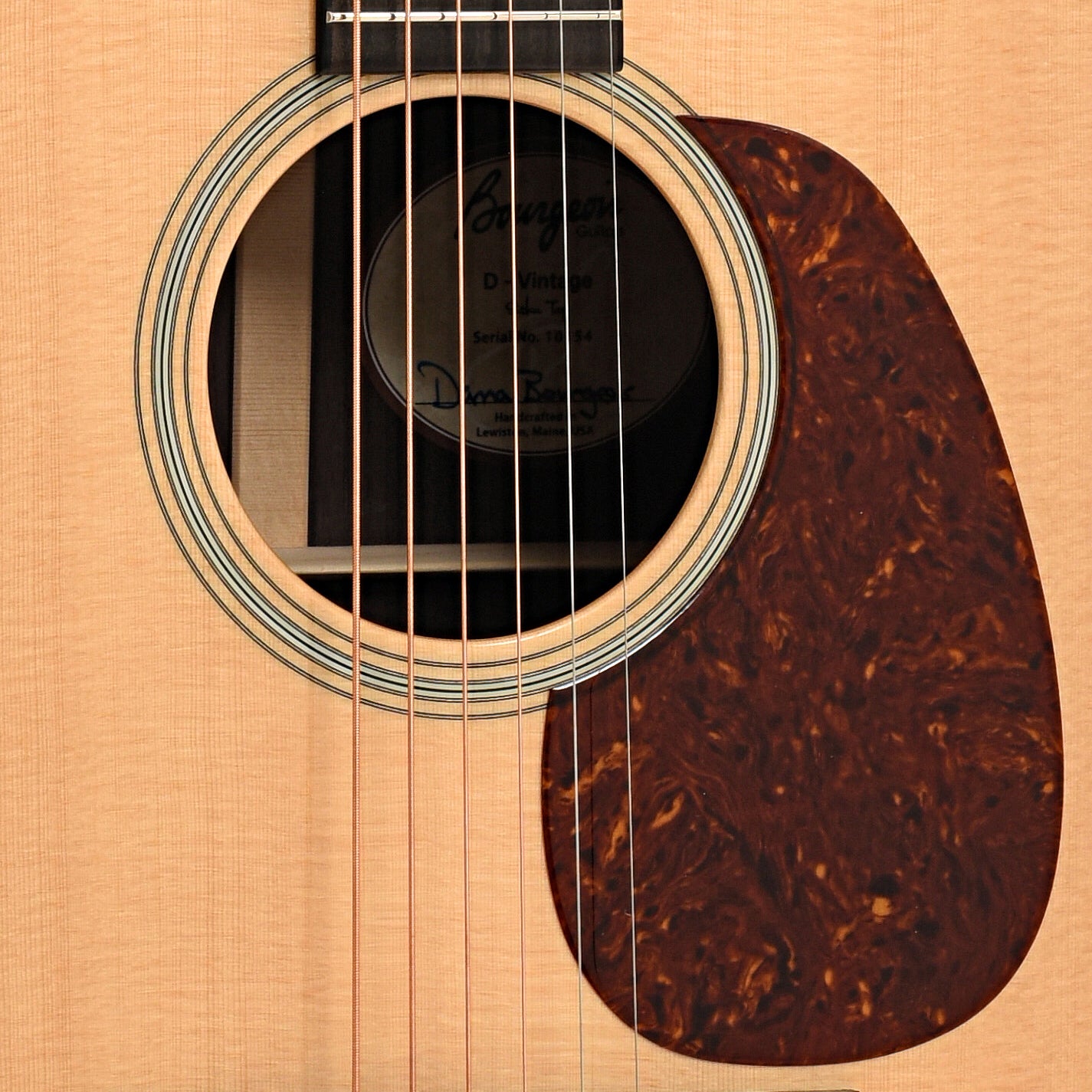 Sound hole and pickguard of Bourgeois Professional Series Vintage Dreadnought