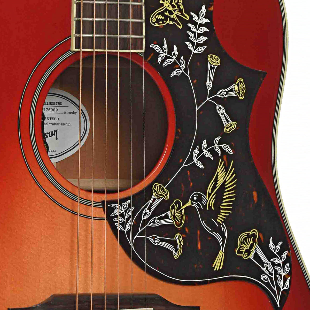 Soundhole of Gibson Hummingbird Standard Acoustic Guitar & Case, Vintage Cherry Sunburst (HiFi Pickup)