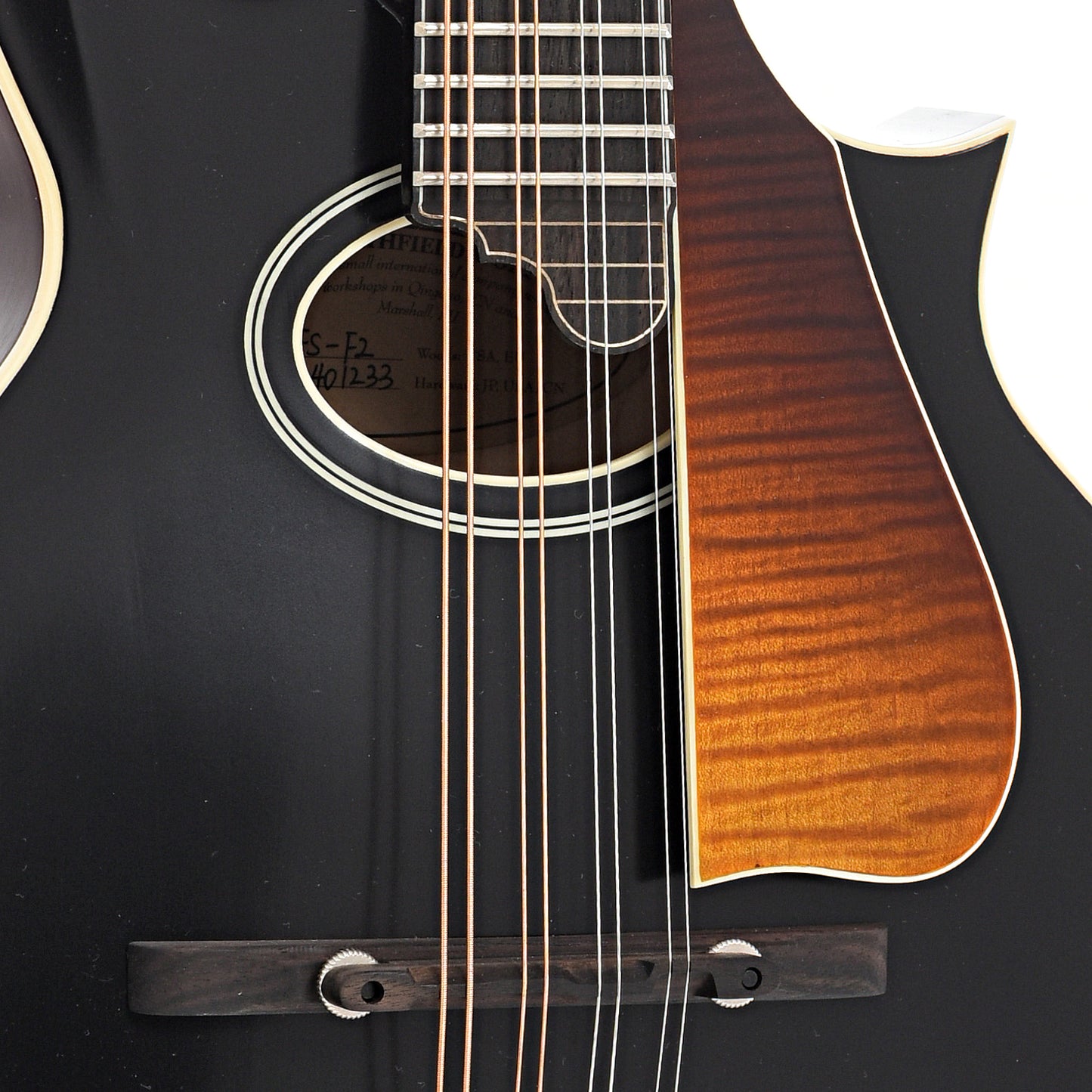 Bridge, sound hole and pickguard of Northfield Workshop  S-Series NFS-F2B Mandolin, Blacktop Oval Soundhole,