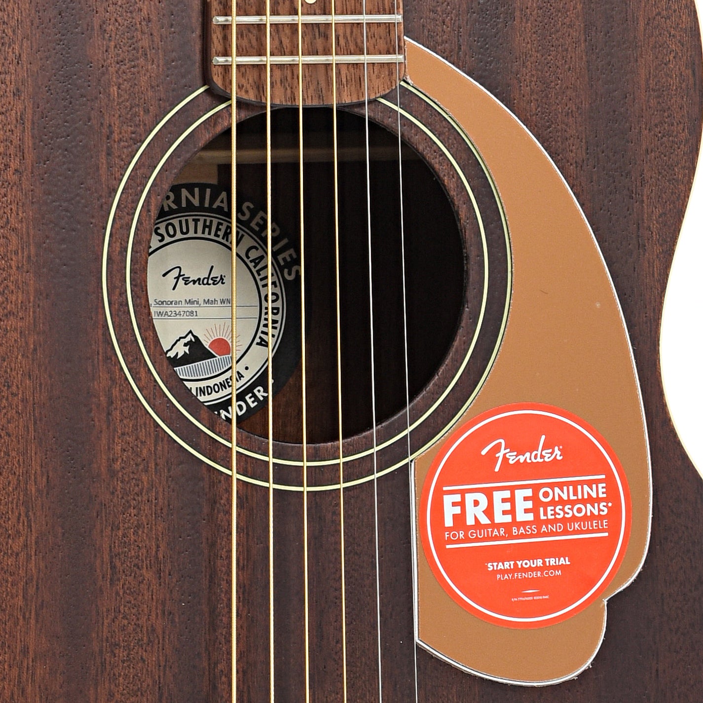 Sound hole of Fender Sonoran Mini Acoustic Guitar, Mahogany