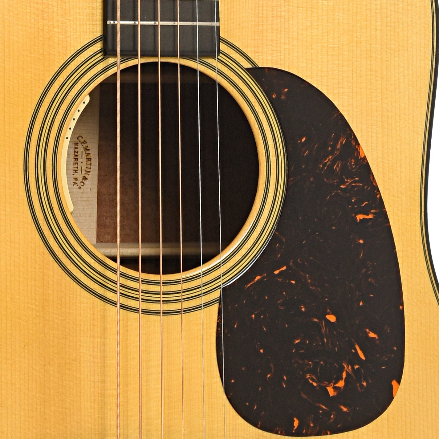 Sound hole and pickguard of Martin Custom 28-Style Dreadnought  - Quilted Sapele & Adirondack Spruce - #2 of 2