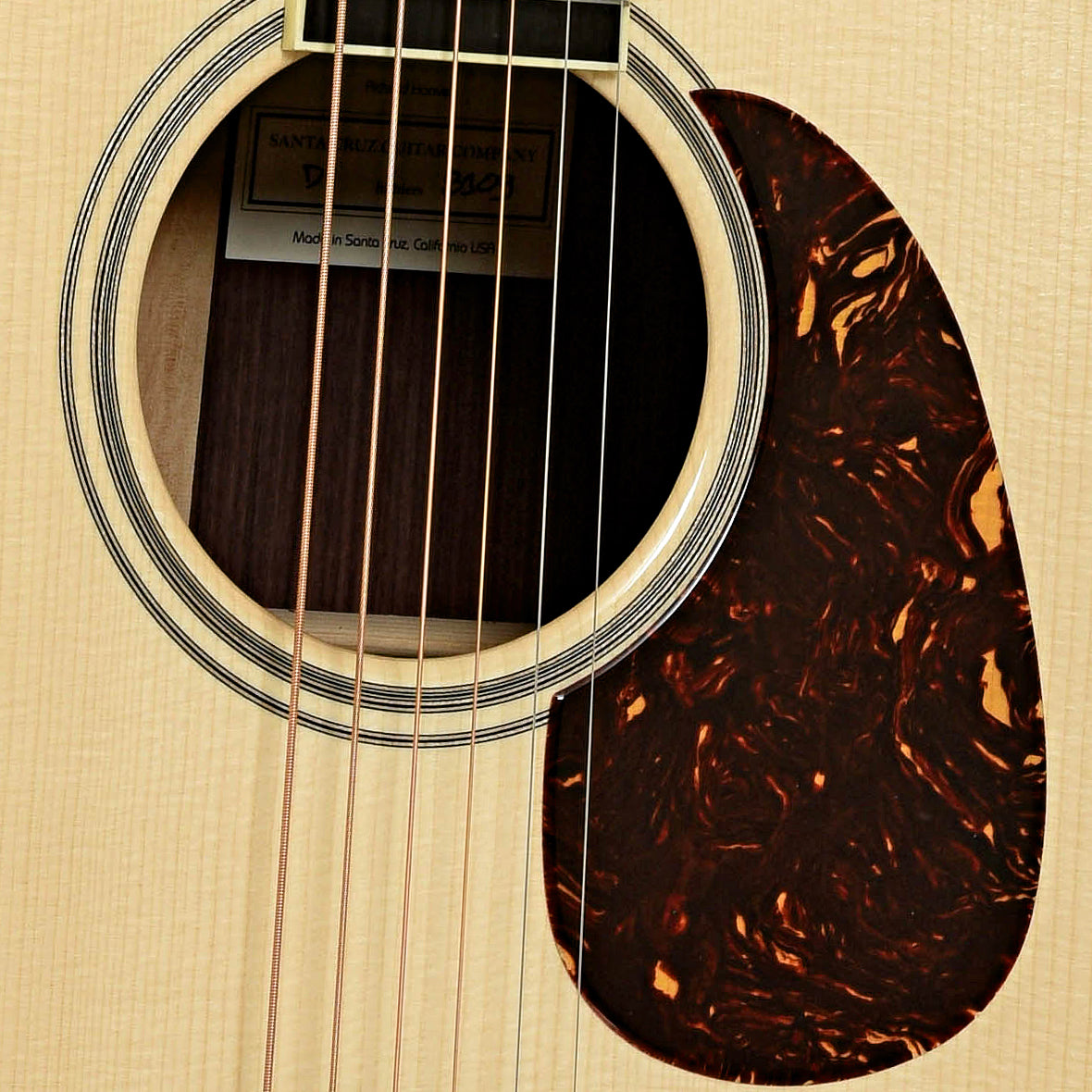 Soundhole of Santa Cruz Custom D Dreadnought Acoustic Guitar