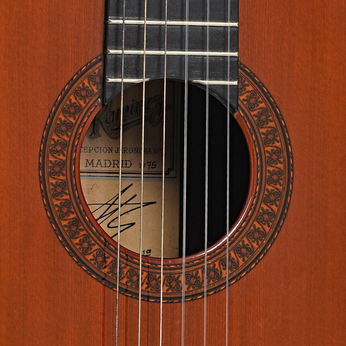 Sound hole of Ramirez 1A Brazilian Classical Guitar (1975)