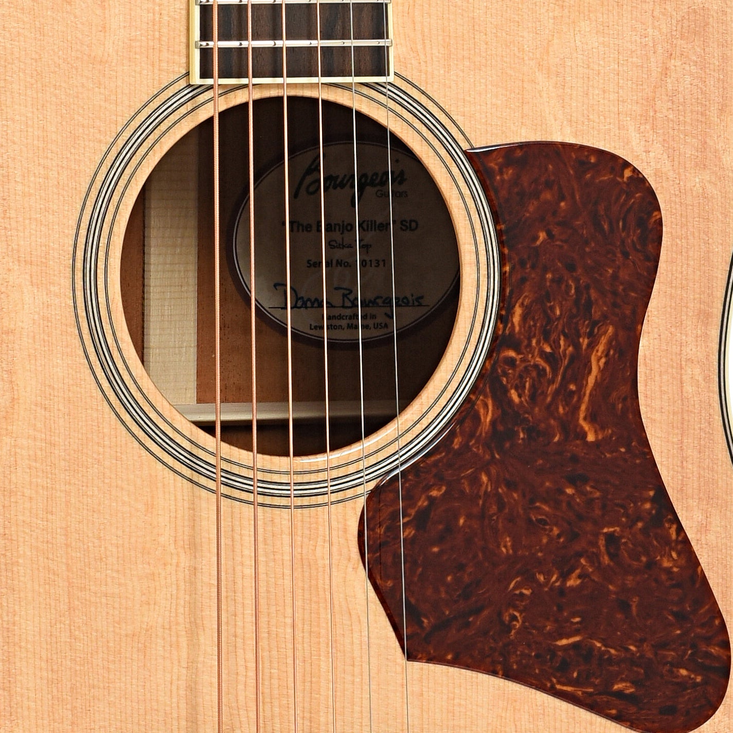Sound hole and pickguard of Bourgeois Legacy Series The Banjo Killer Slope Shoulder Dreadnought Guitar