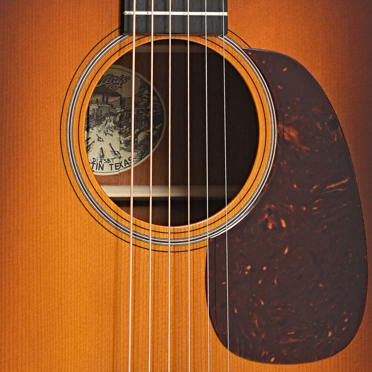 Sound hole and pickguard of Collings D1T Traditional Series Dreadnought Acoustic Guitar, Baked Adirondack Top, Sunburst