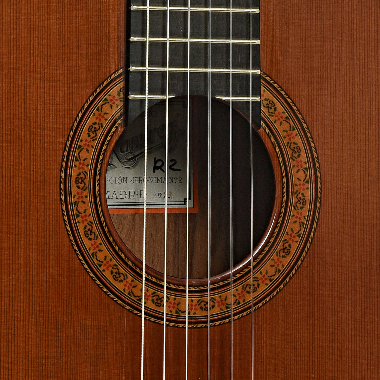 Soundhole of Ramirez R-2 Classical Guitar