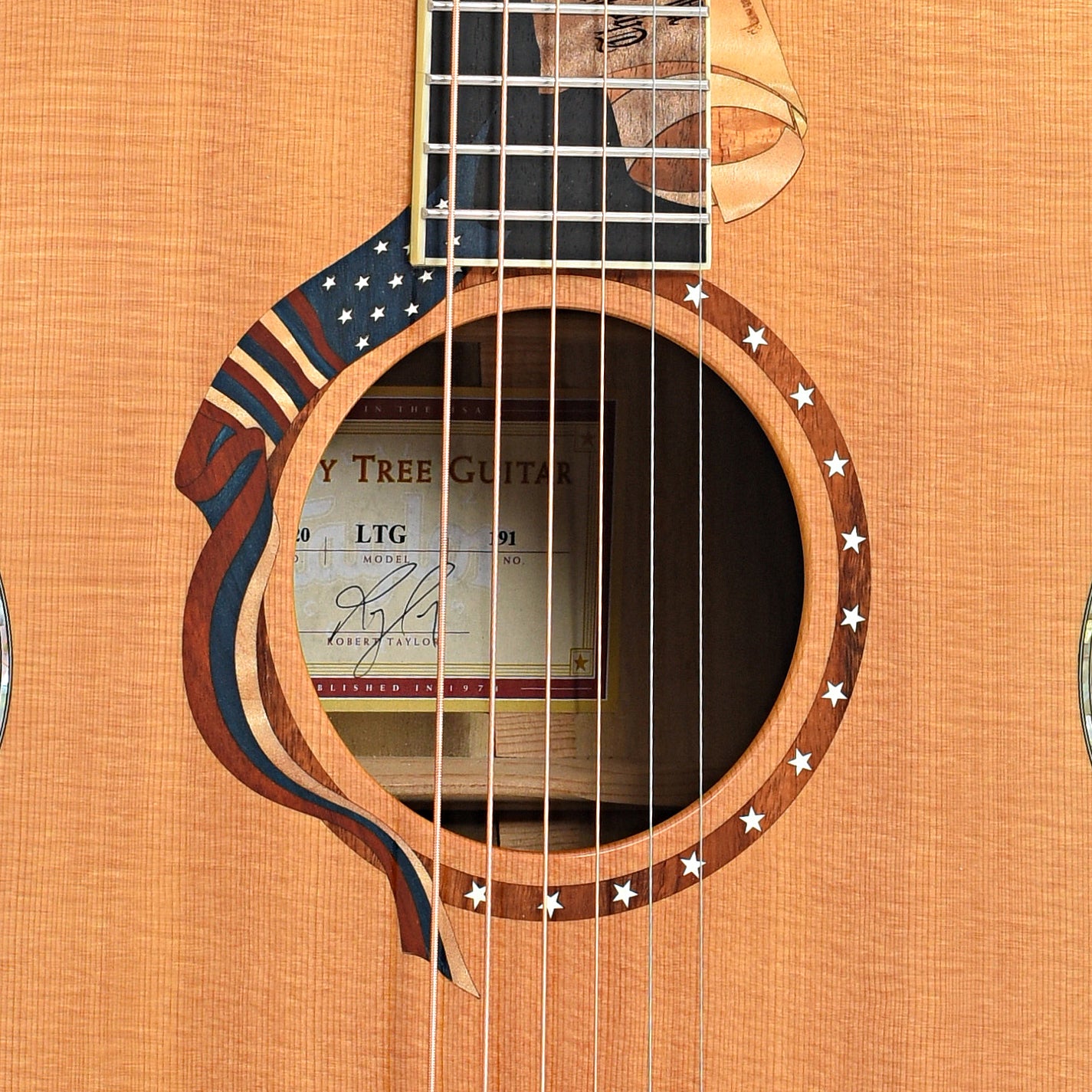 Sound hole of Taylor LTG Liberty Tree Acoustic Guitar (2002)