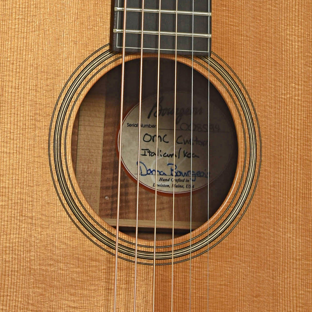 Soundhole of Bourgeois OMC Soloist Acoustic Guitar 