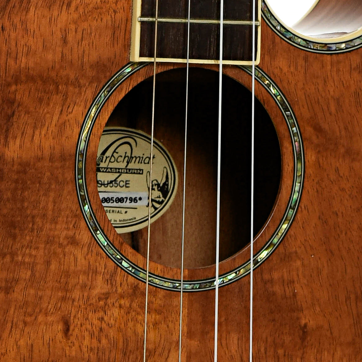 Soundhole of Oscar Schmidt OU55CE Baritone Ukulele