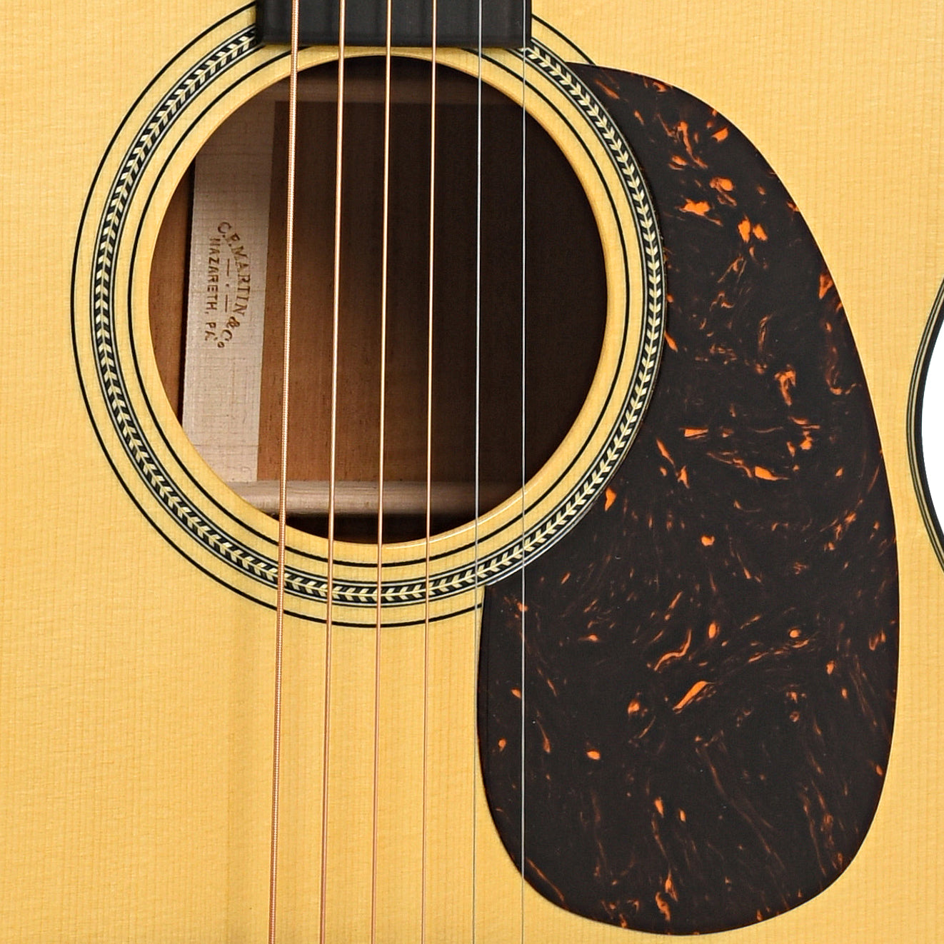 Soundhole of Martin Custom 18-Style 000 Guitar & Case, Flame Mahogany & Alpine Spruce