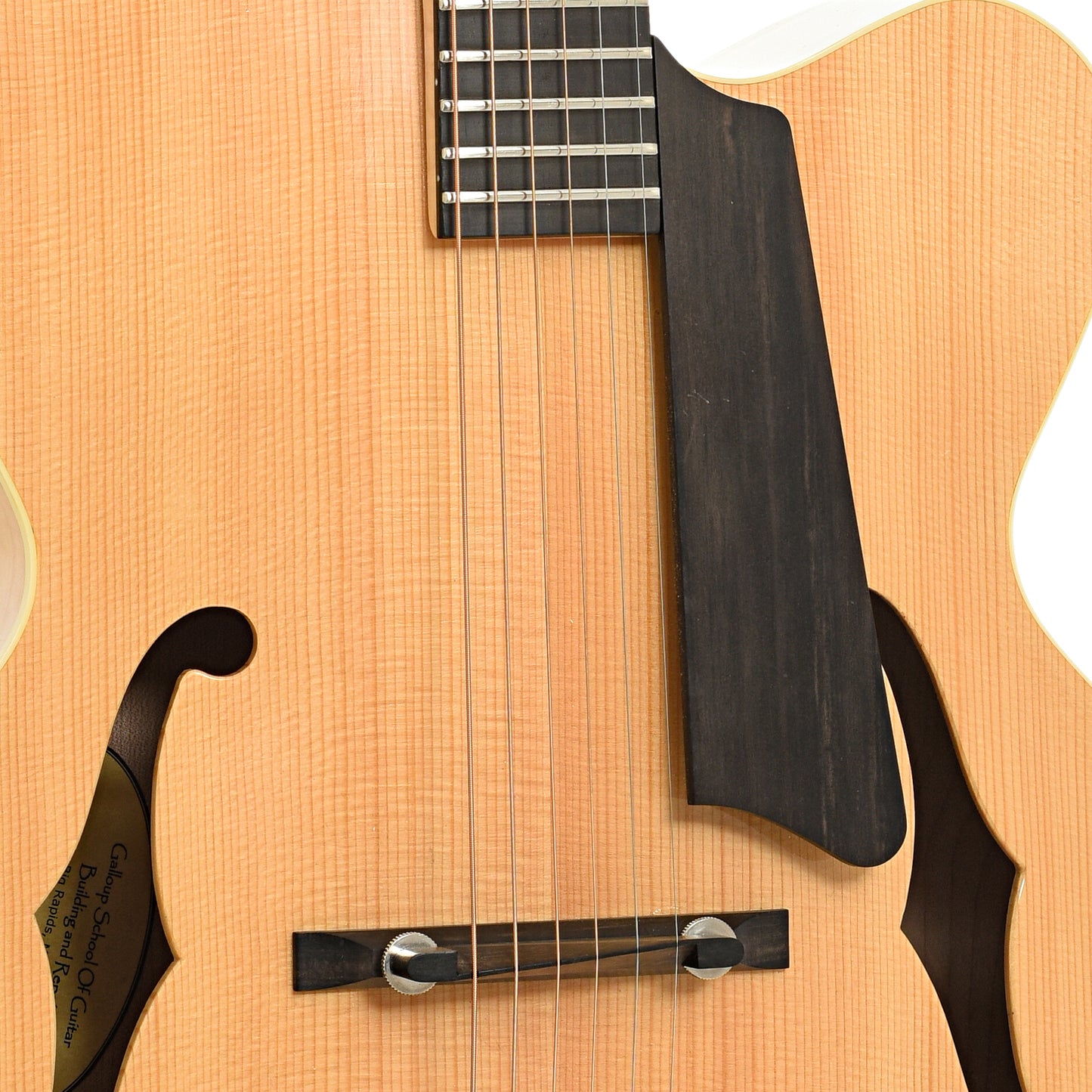 Bridge and pickguard of C. Dygard Gallup School Archtop Guitar (c.2014)