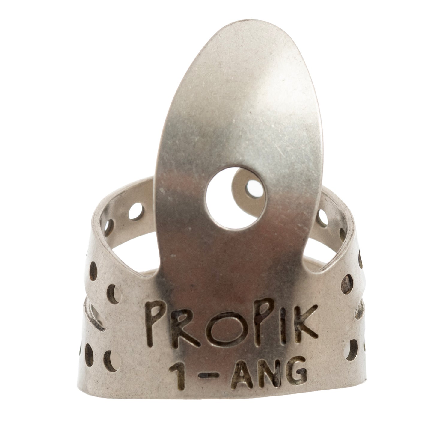 Front of Propik Nickel "Fast Pick" Angled Fingerpick, Split Wrap, Blade 1