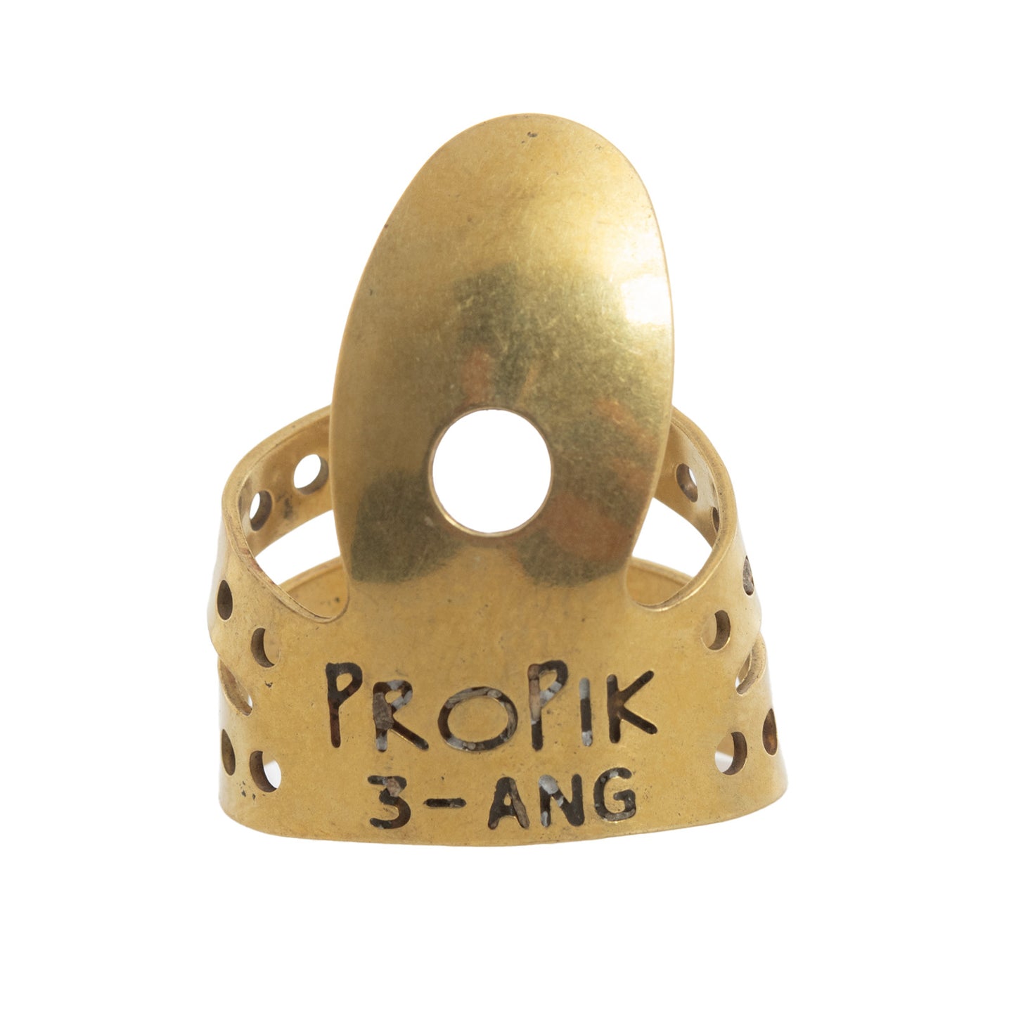 Front of Propik Brass "Fast Pick" Angled Fingerpick, Split Wrap, Blade 3