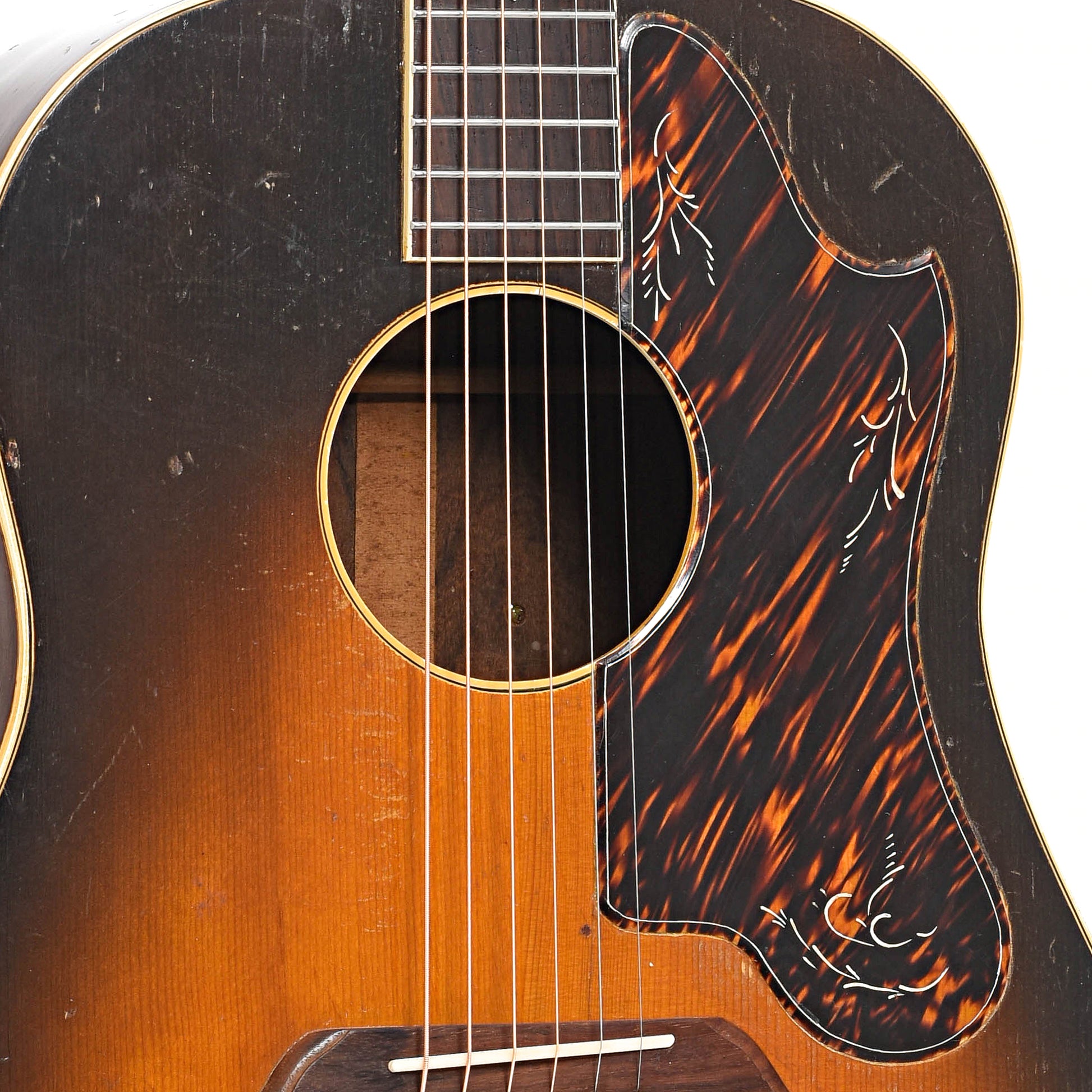 Sound hole and pickguard of Recording King Ray Whitley (by Gibson) Acoustic Guitar (1939)