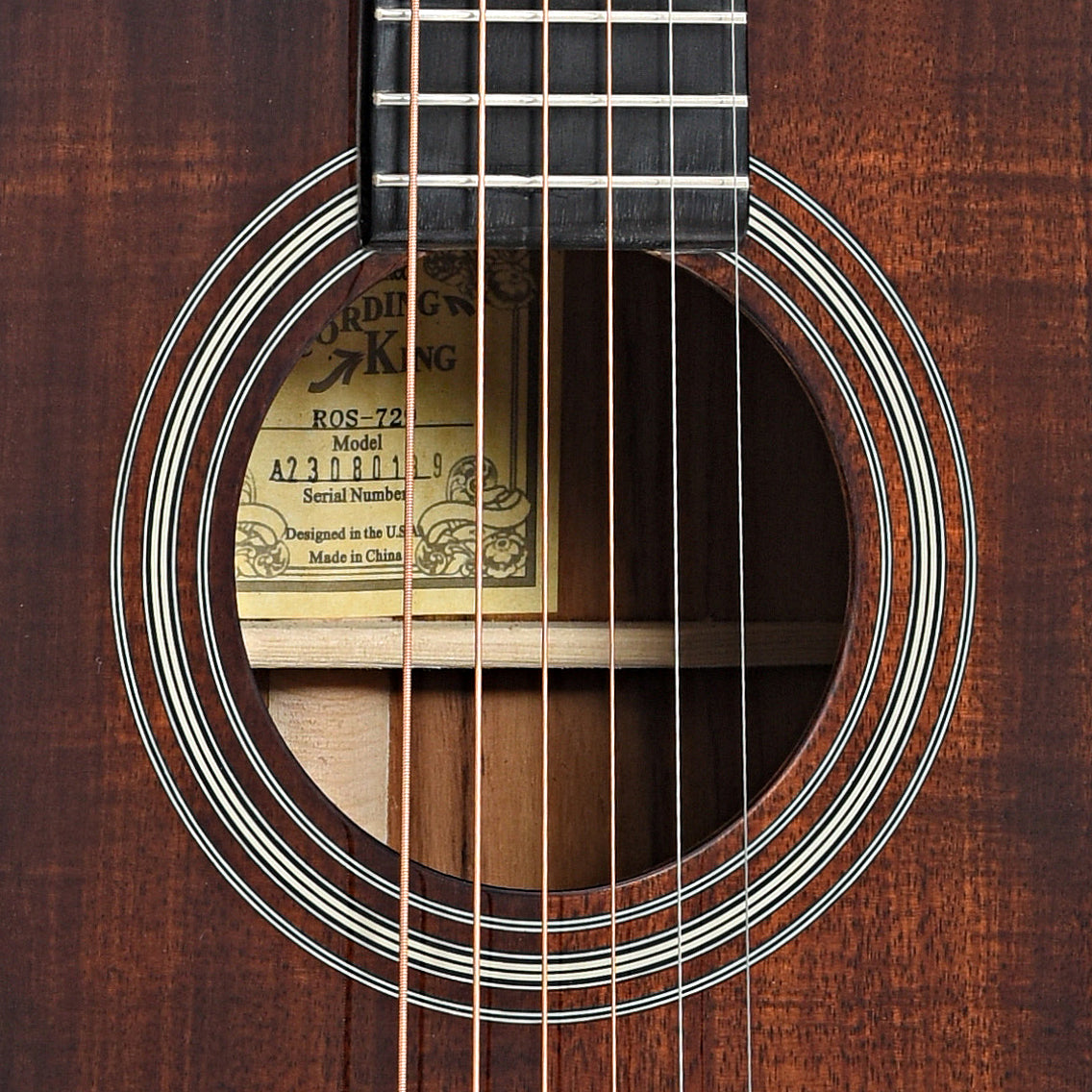 Sound hole of Recording King Koa 12-Fret 000 Acoustic Guitar
