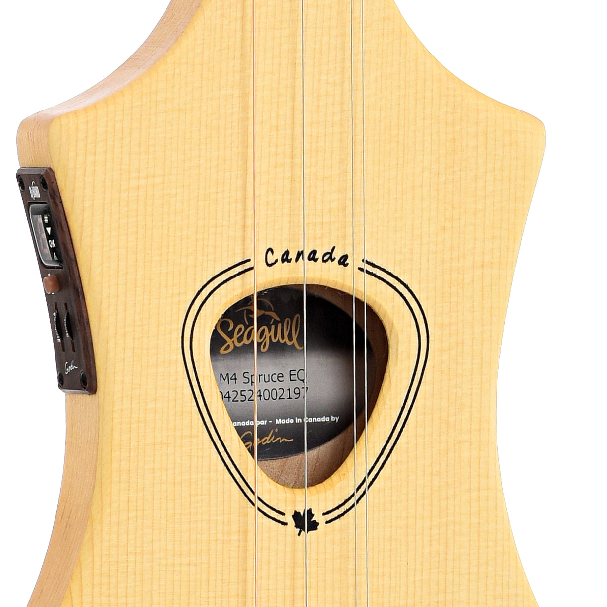 Sound hole and controls of Seagull M4 "Merlin" 4-String Diatonic Acoustic Instrument with Pickup