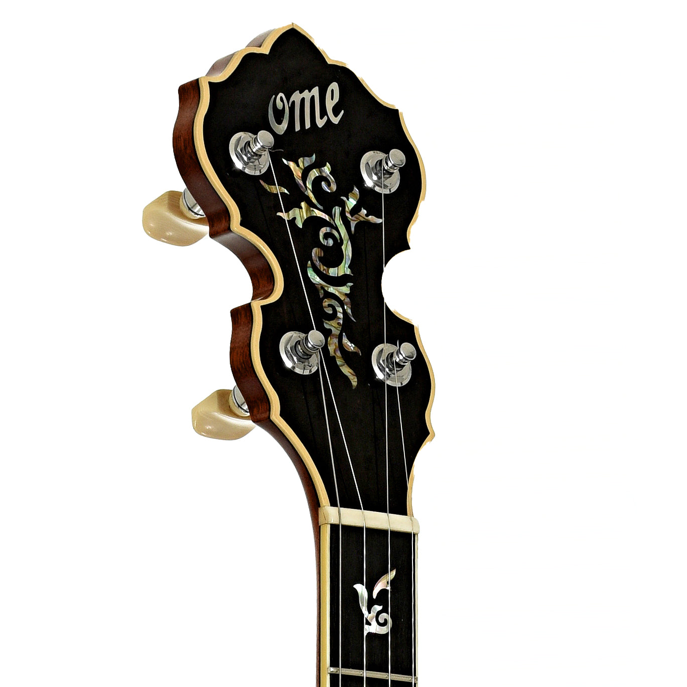 Headstock of Ome Custom Silver Columbine Extra Long Neck 