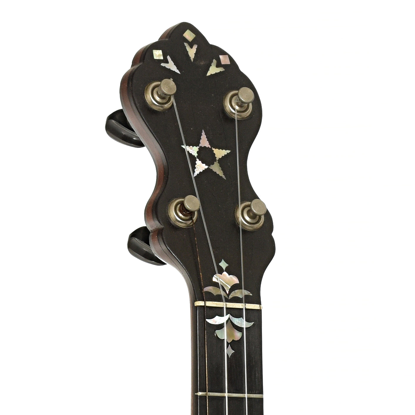 Headstock of L.B. Gatcomb The Monarch Open Back Banjo