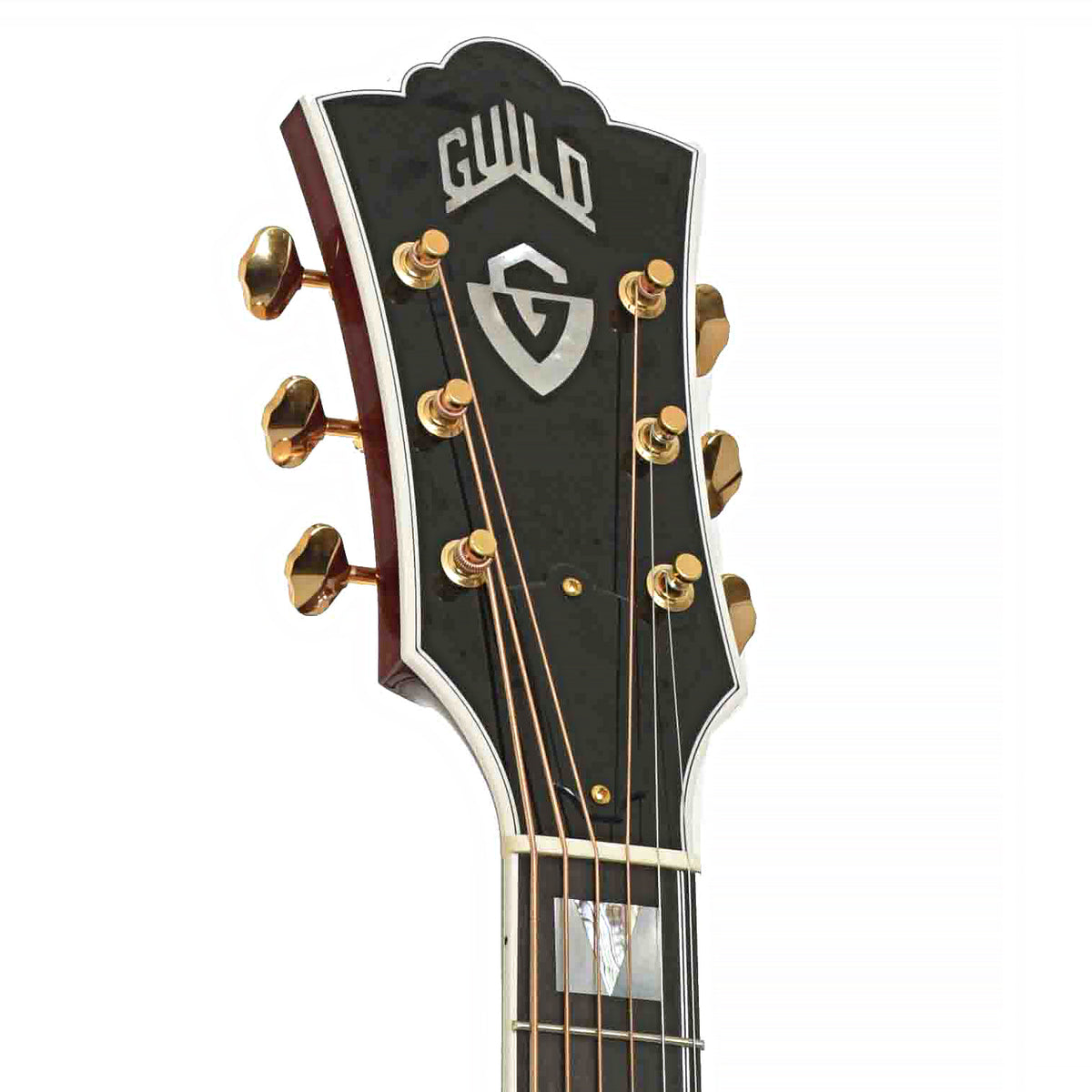 Front Headstock of Guild USA D-55 Dreadnought Acoustic Guitar, Natural