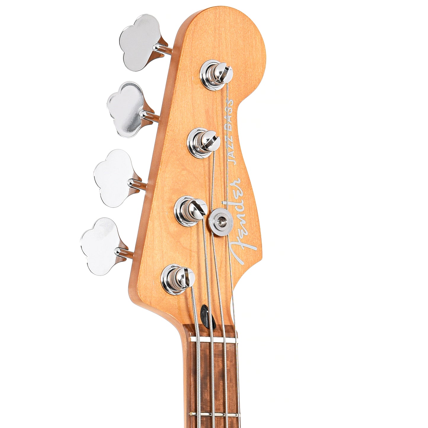 Front of headstock of Fender Player Plus Jazz Bass, 3-Color Sunburst
