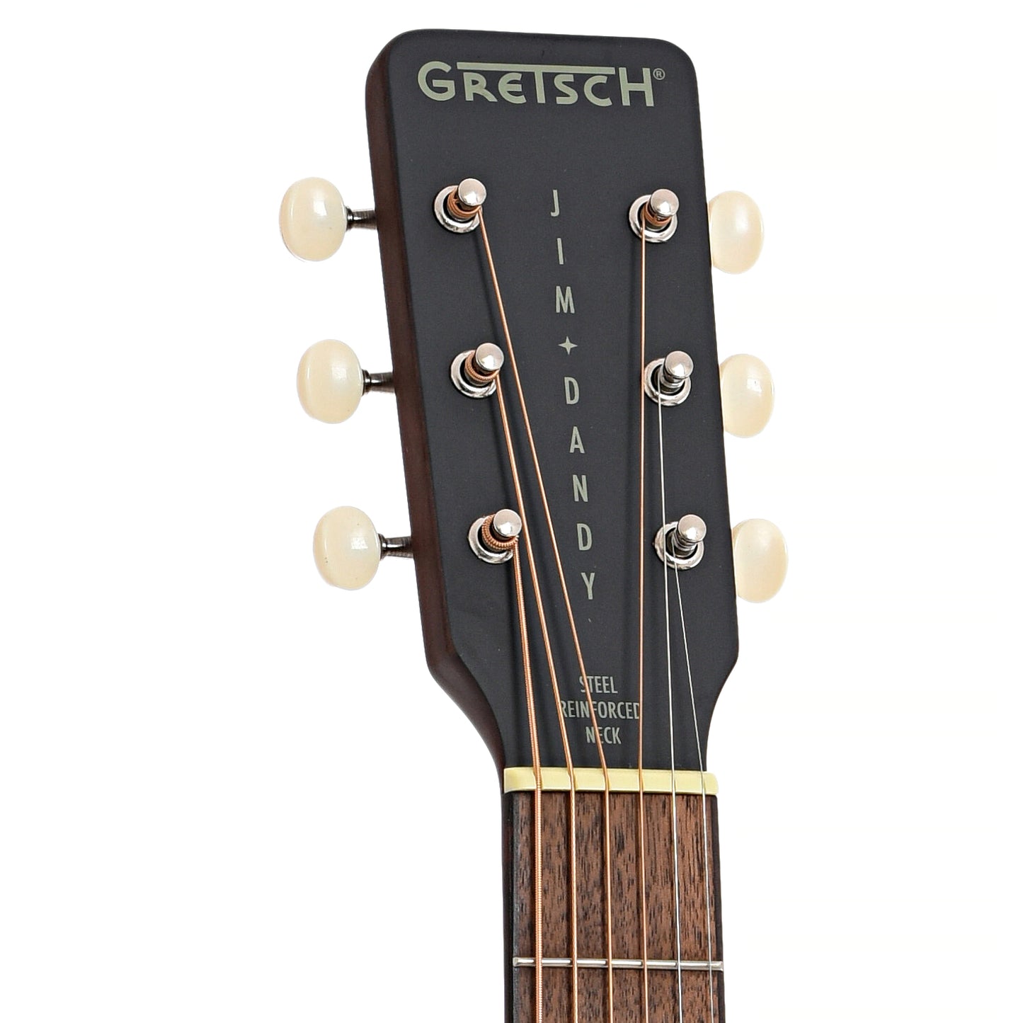 Front headstock of Gretsch Jim Dandy Deltoluxe Parlor Acoustic/Electric Guitar, Black Top