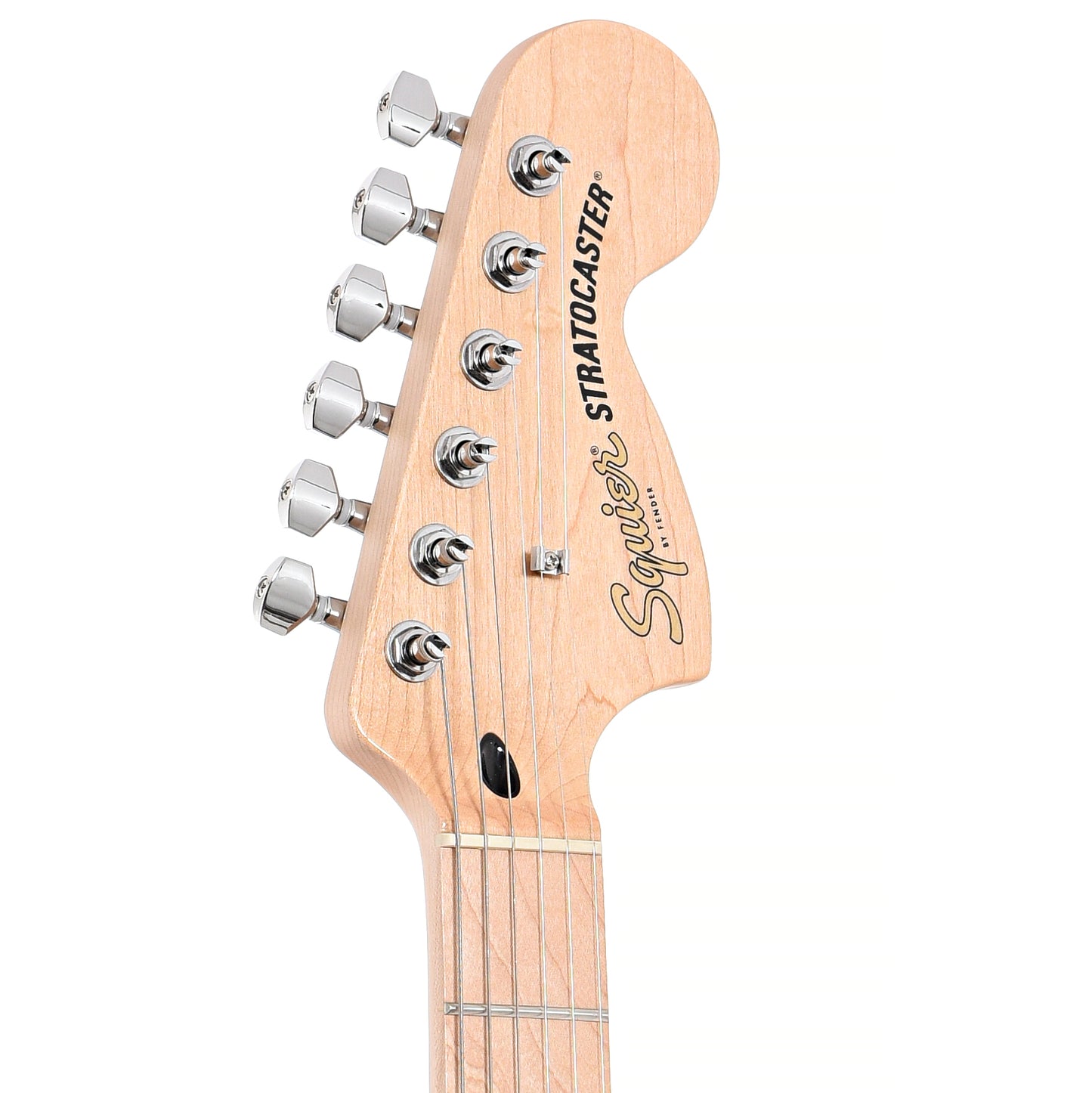 Front headstock of Squier Affinity Series Stratocaster, Lake Placid Blue