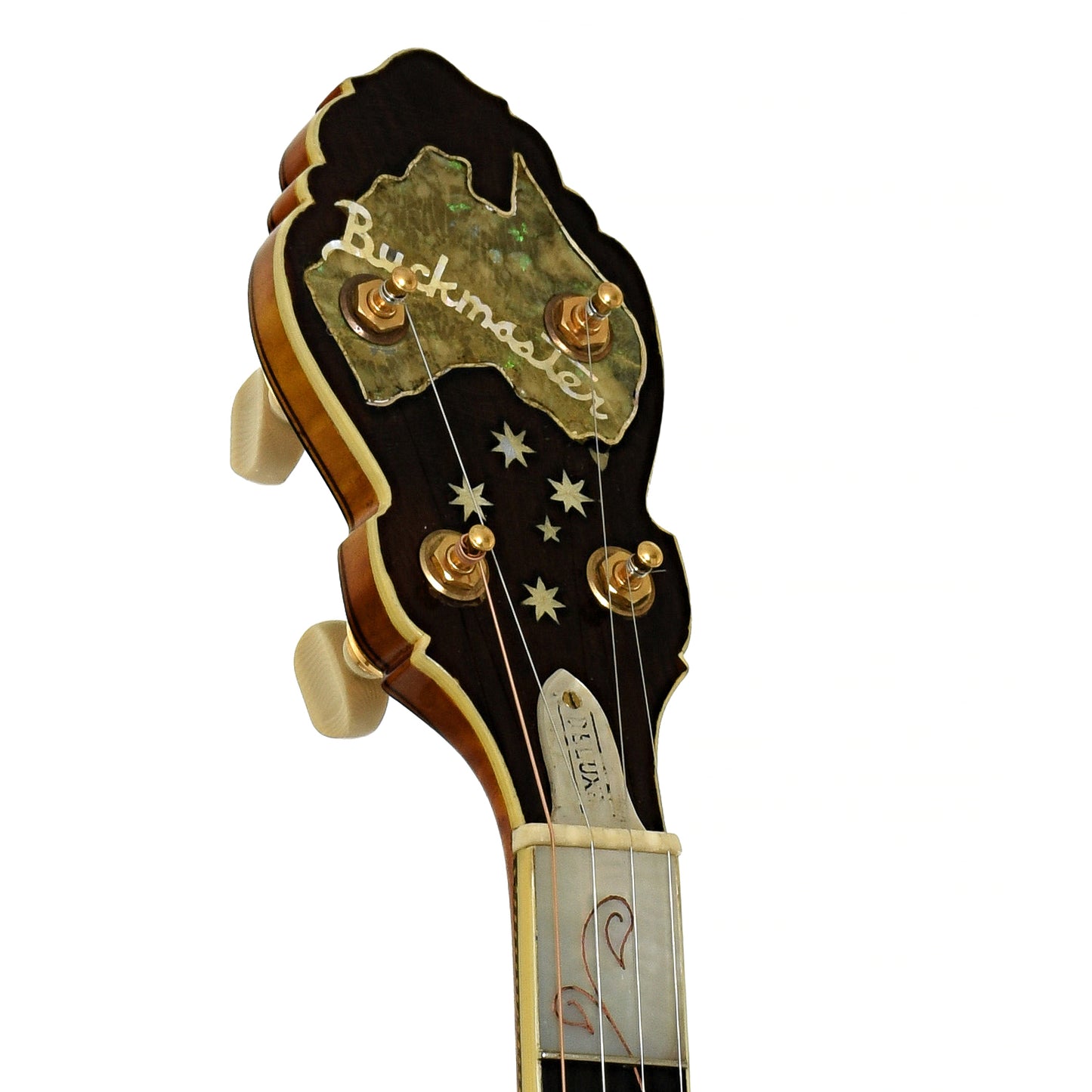 Headstock of R.O. Buckmaster Deluxe Open Back Banjo