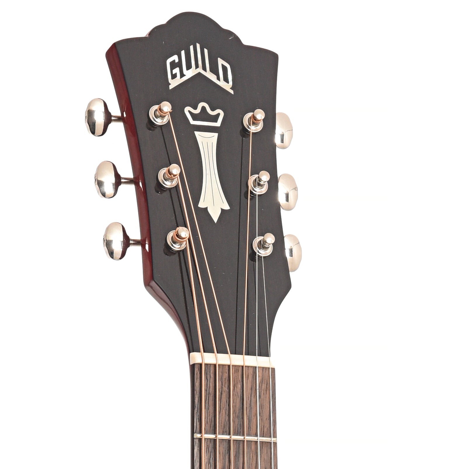 Front headstock of Guild Westerly Collection D-140 Acoustic Guitar, Cherry Burst