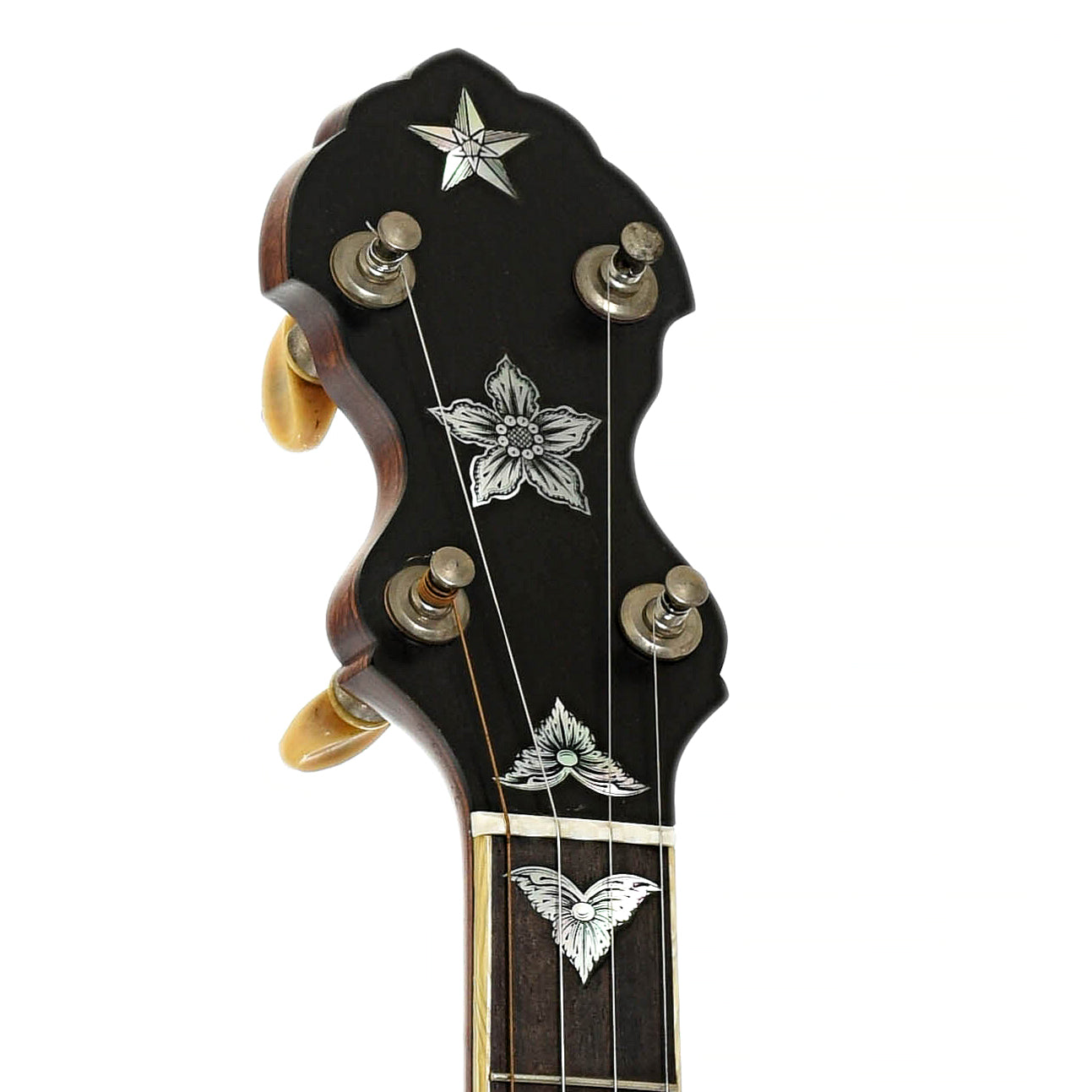 Headstock of Fairbanks / Unger Conversion Open Back banjo