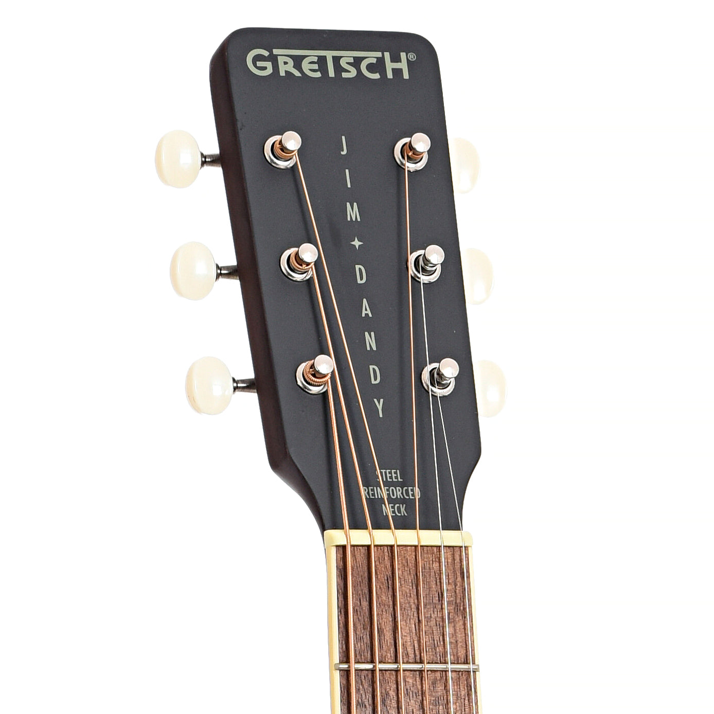 Front headstock of Gretsch Jim Dandy Dreadnought Acoustic Guitar, Rex Burst