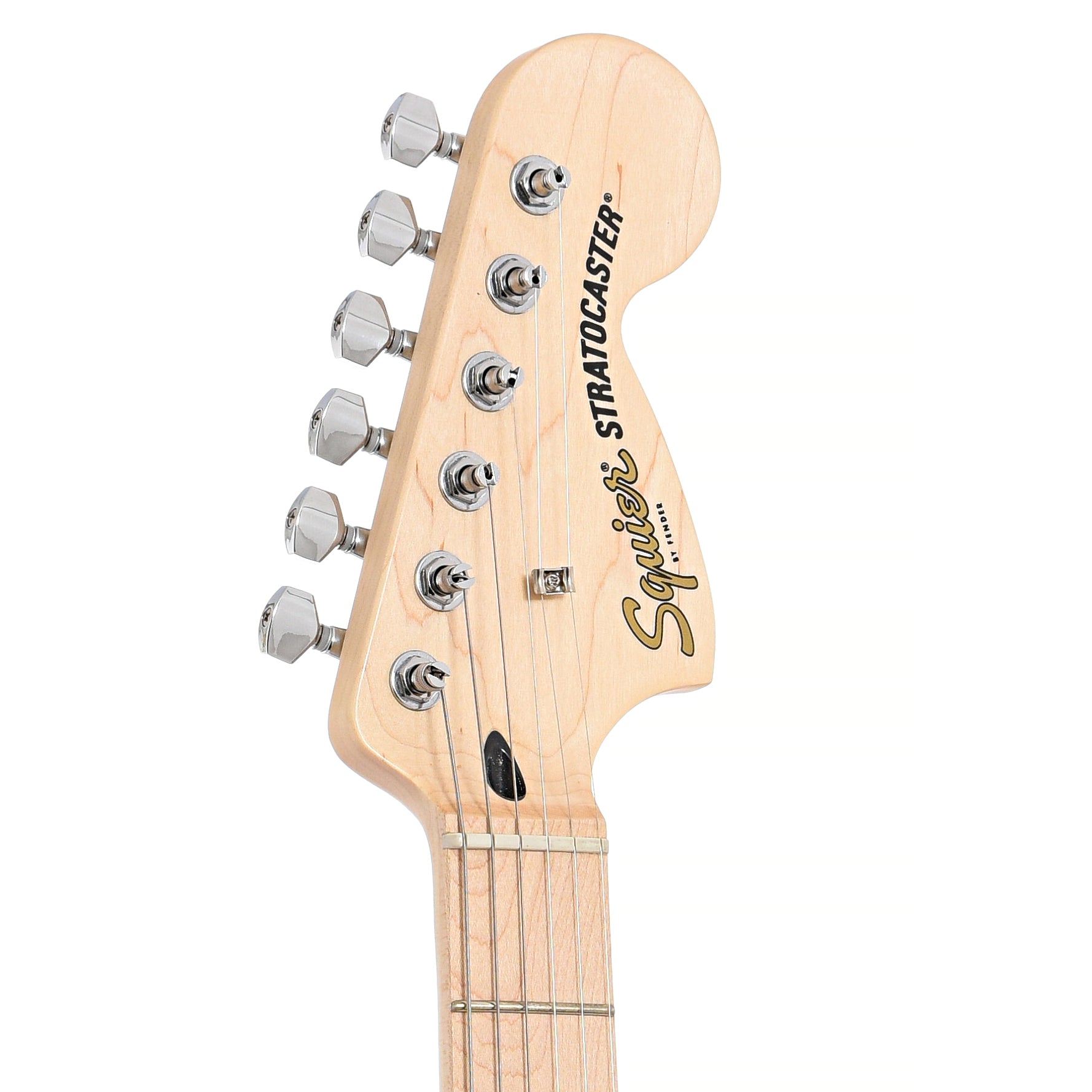 Front headstock of Squier Affinity Series Stratocaster HSS, Lake Placid Blue