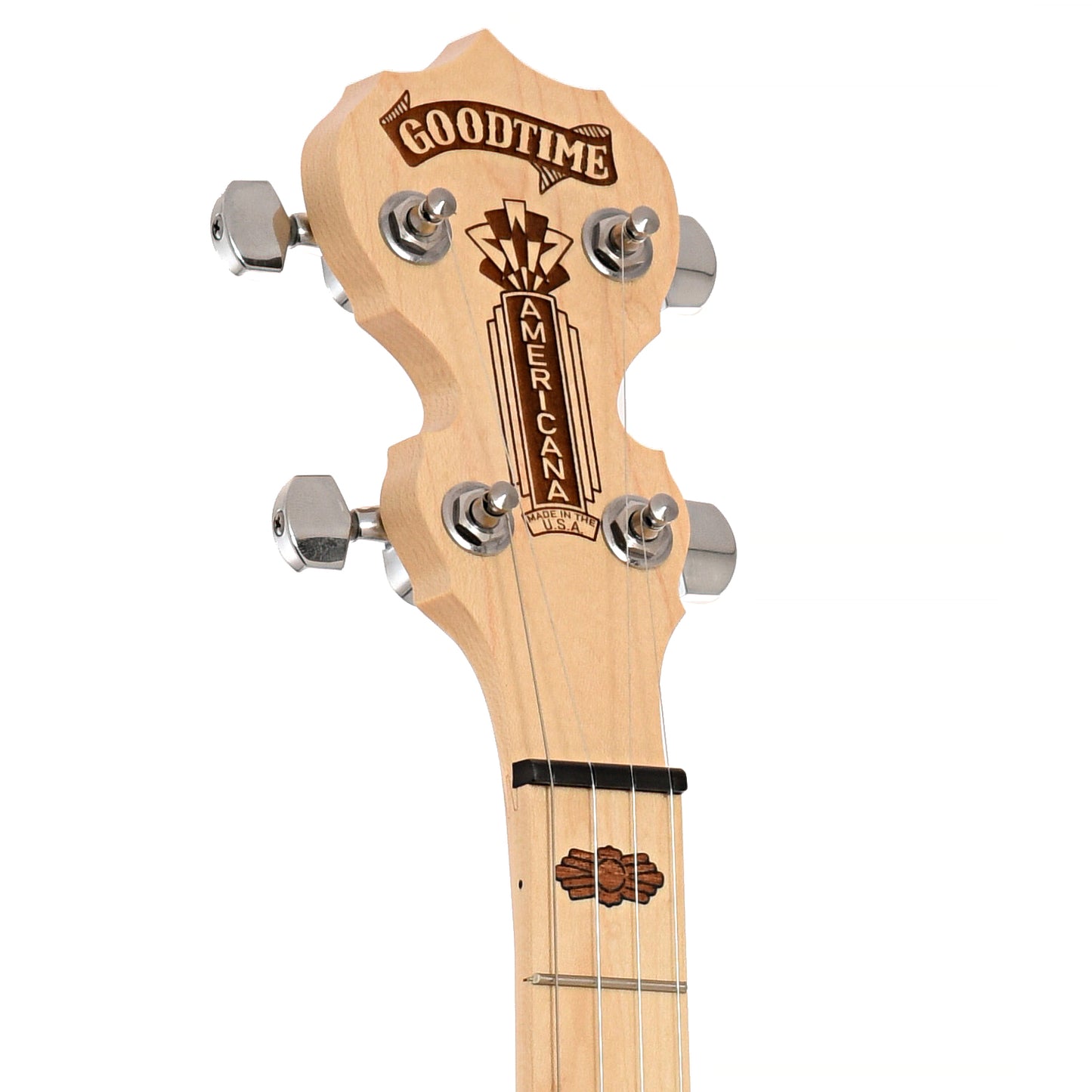 Front headstock of Deering Goodtime Americana Deco 12" Openback Banjo with Scooped Fretboard