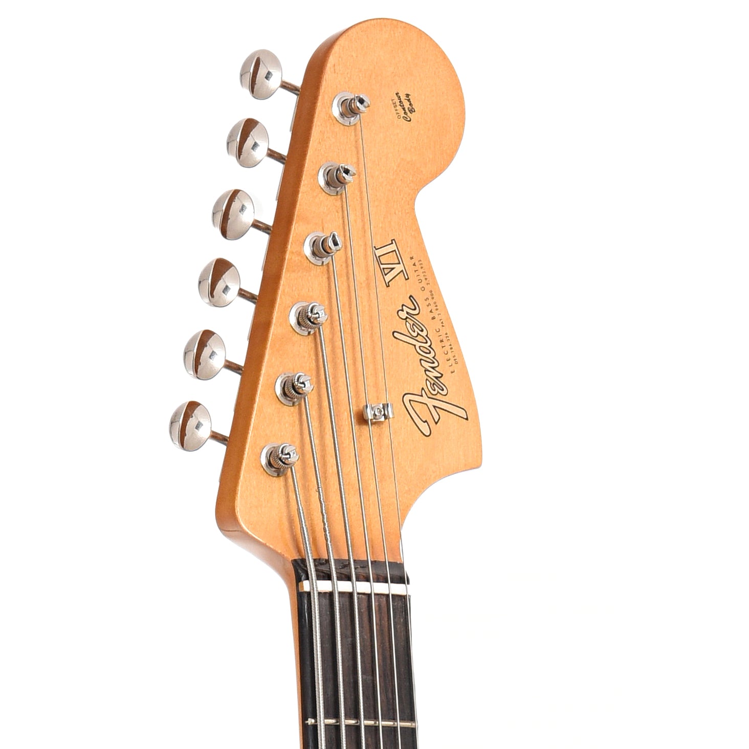 Headstock of Fender Vintera II '60s Bass VI, Fiesta Red