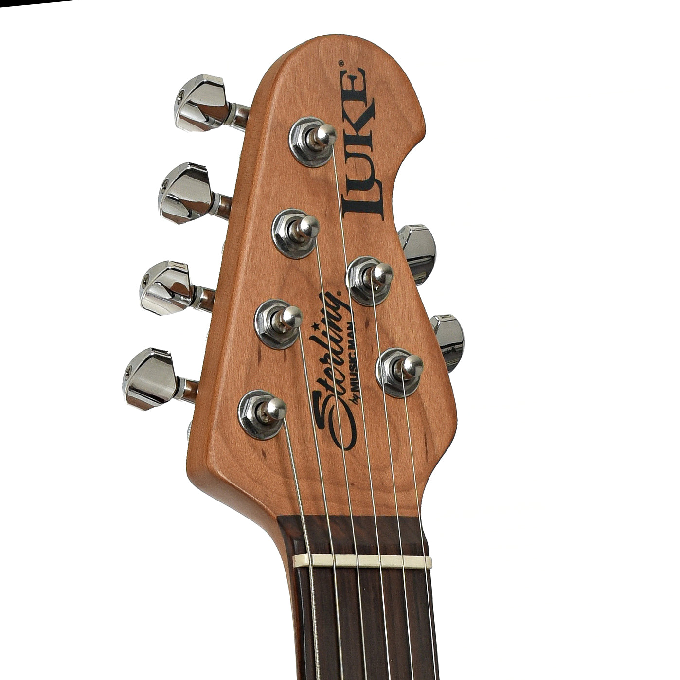 Headstock for Sterling by Music Man Luke HSS Electric Guitar, Heritage Cherry Burst