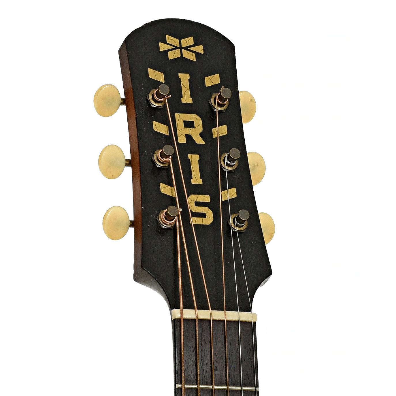 Headstock of Iris Guitar Company AB Burst Relic Wide-Nut Small Jumbo Acoustic Guitar