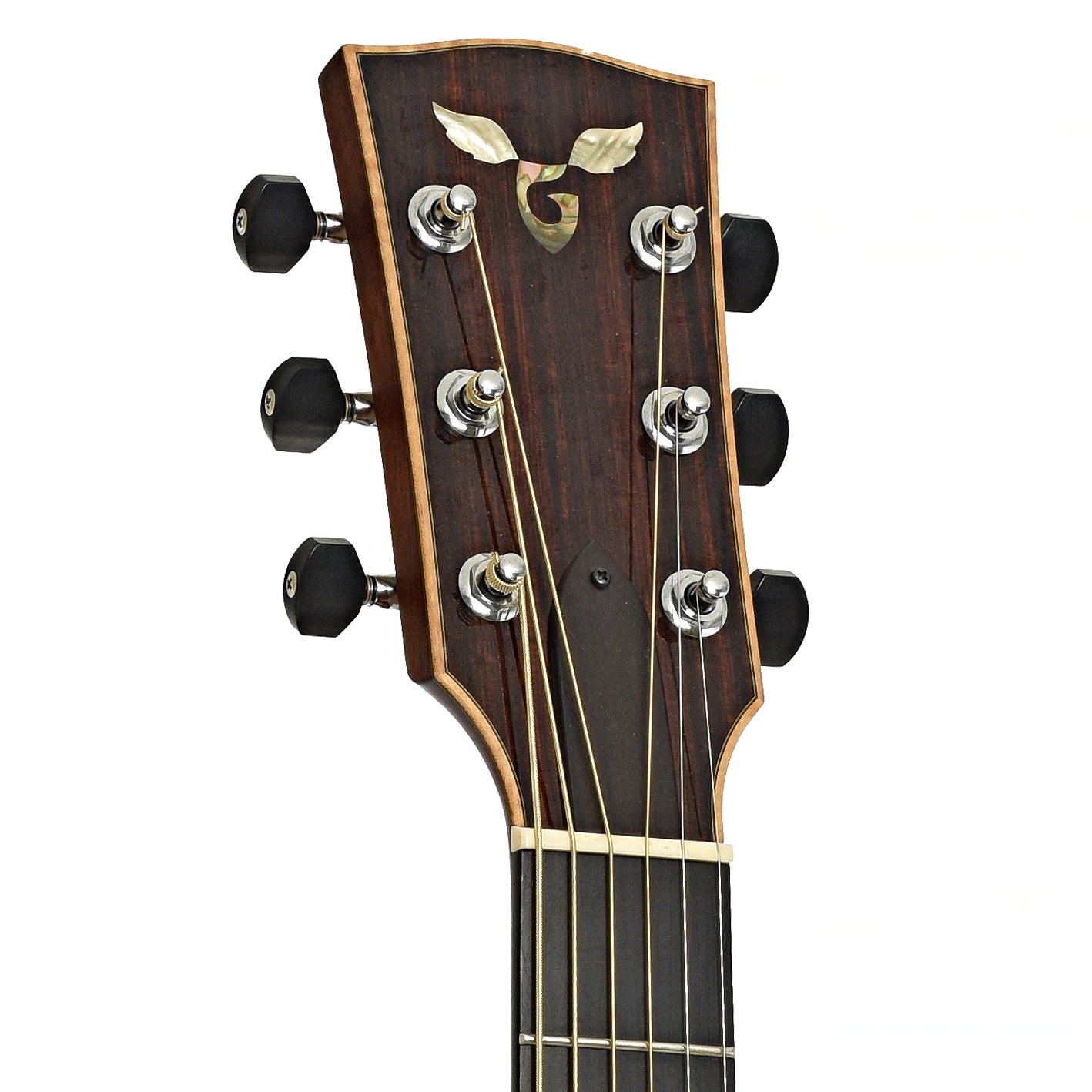 Headstock of Goodall CCJC Master Sitka / Cocobolo Jumbo Guitar