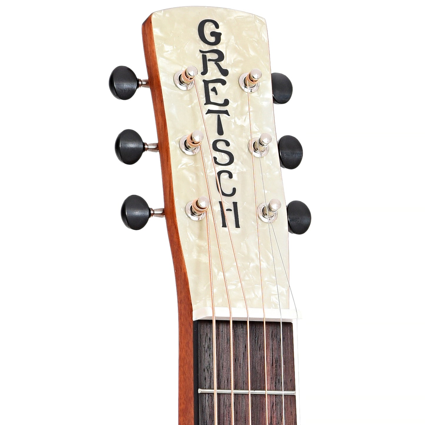 Front headstock of Gretsch Ampli-Sonic G9210 Boxcar Standard Squareneck Resonator Guitar