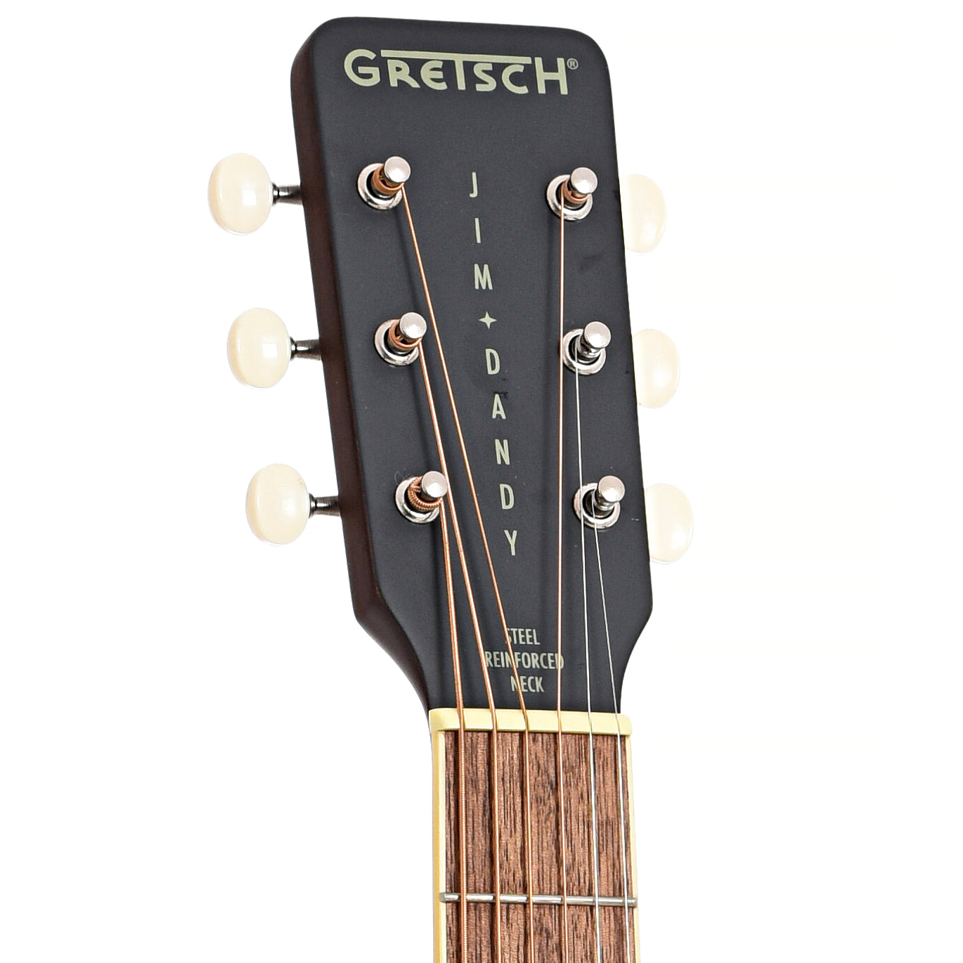 Front headstock of Gretsch Jim Dandy Dreadnought Acoustic Guitar, Frontier Stain