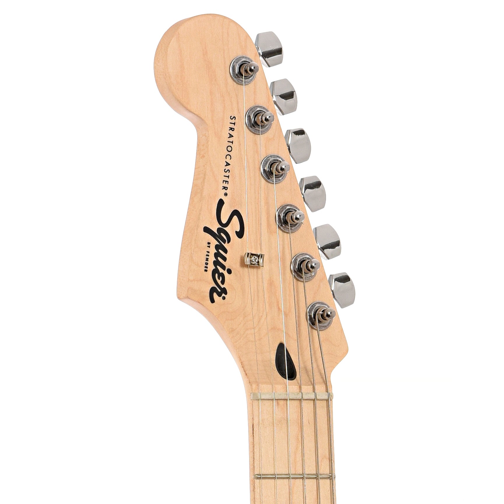 Front headstock of Squier Sonic Stratocaster, Left Handed, Black