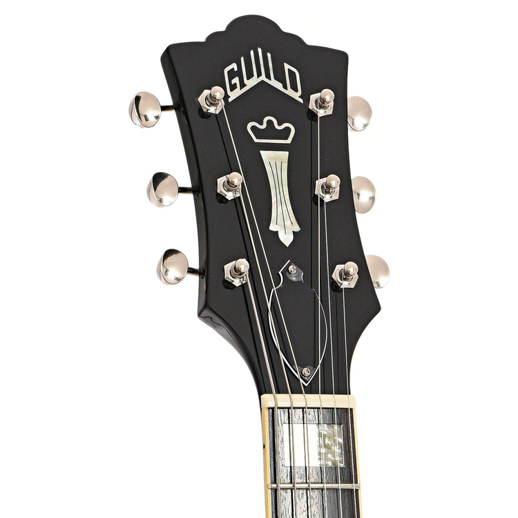 front headstock of Guild Newark St. Collection M-75 Aristocrat Hollow Body Archtop Guitar, Limited Edition Black Finish