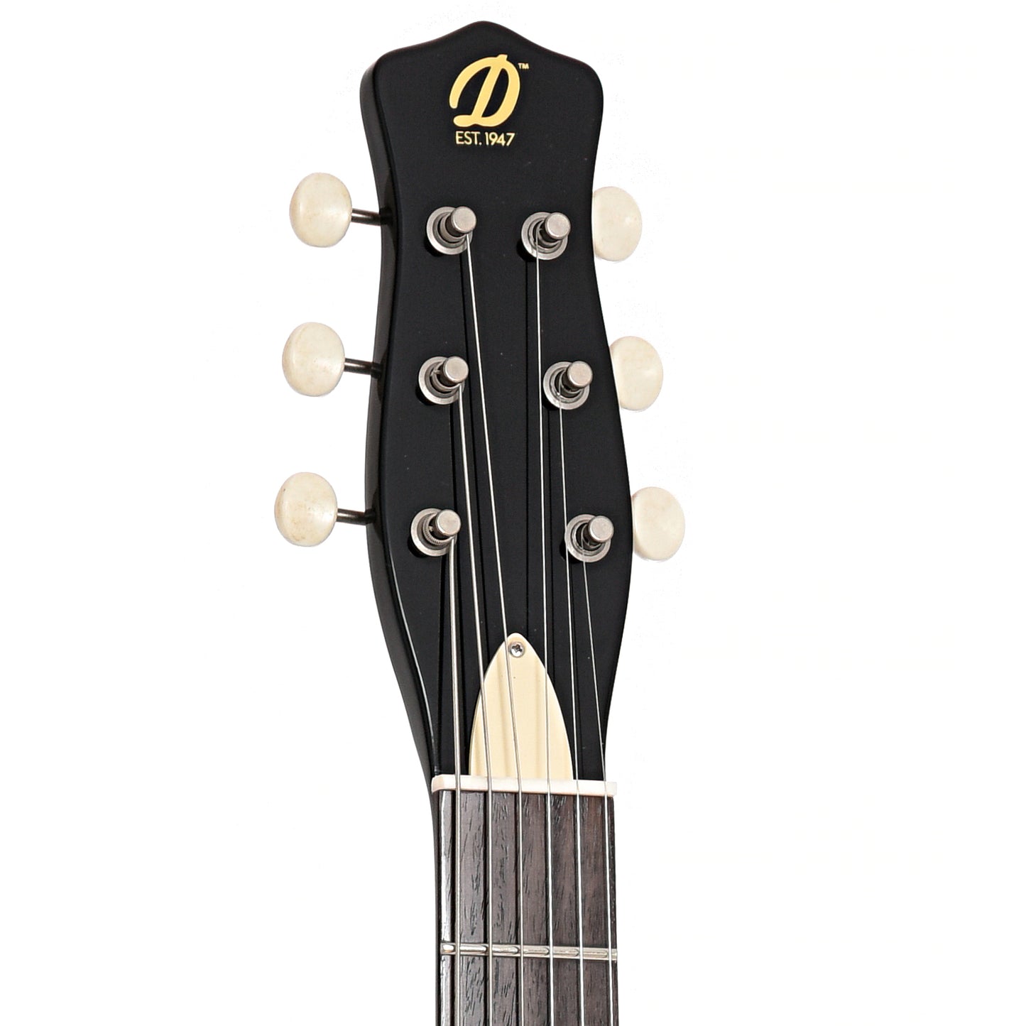 Front headstock of Danelectro '59 Triple Divine Electric Guitar, Black