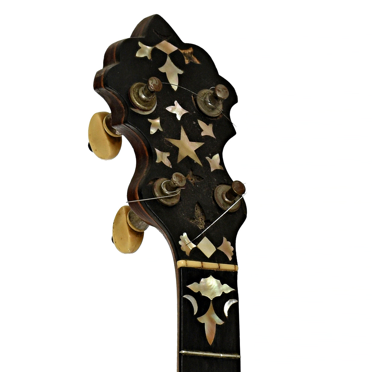 Headstock of S.S. Stewart Universal Favorite No. 2 + Openback Banjo