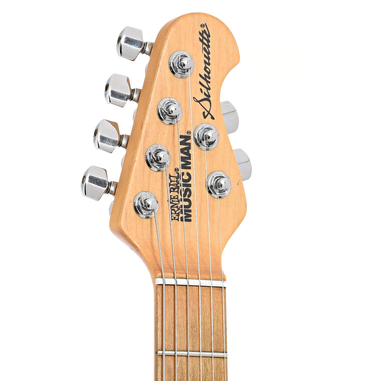 Front headstock of Ernie Ball Music Man Silhouette HSH Hardtail Electric Guitar (1999)