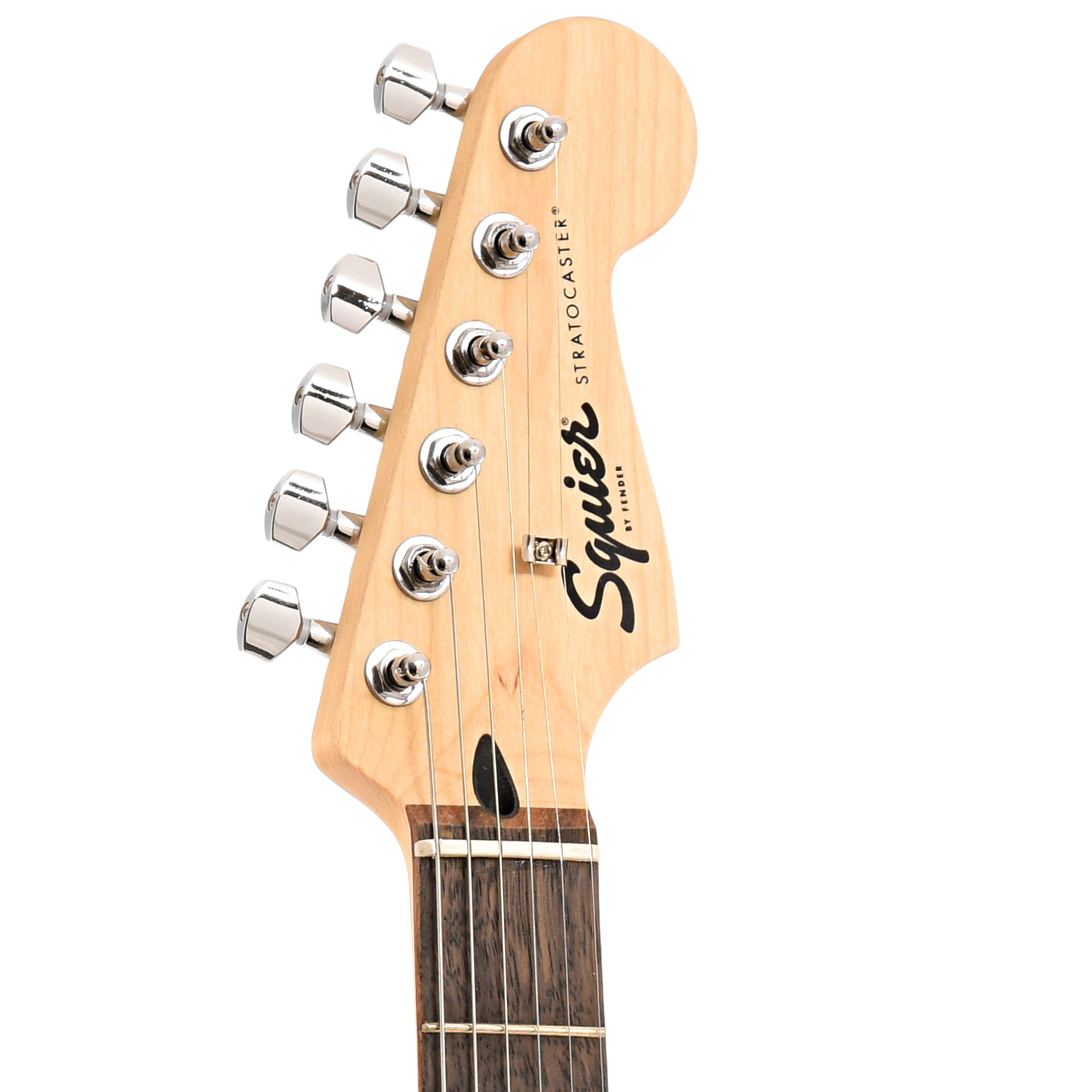 Front headstock of Squier Sonic Stratocaster, California Blue