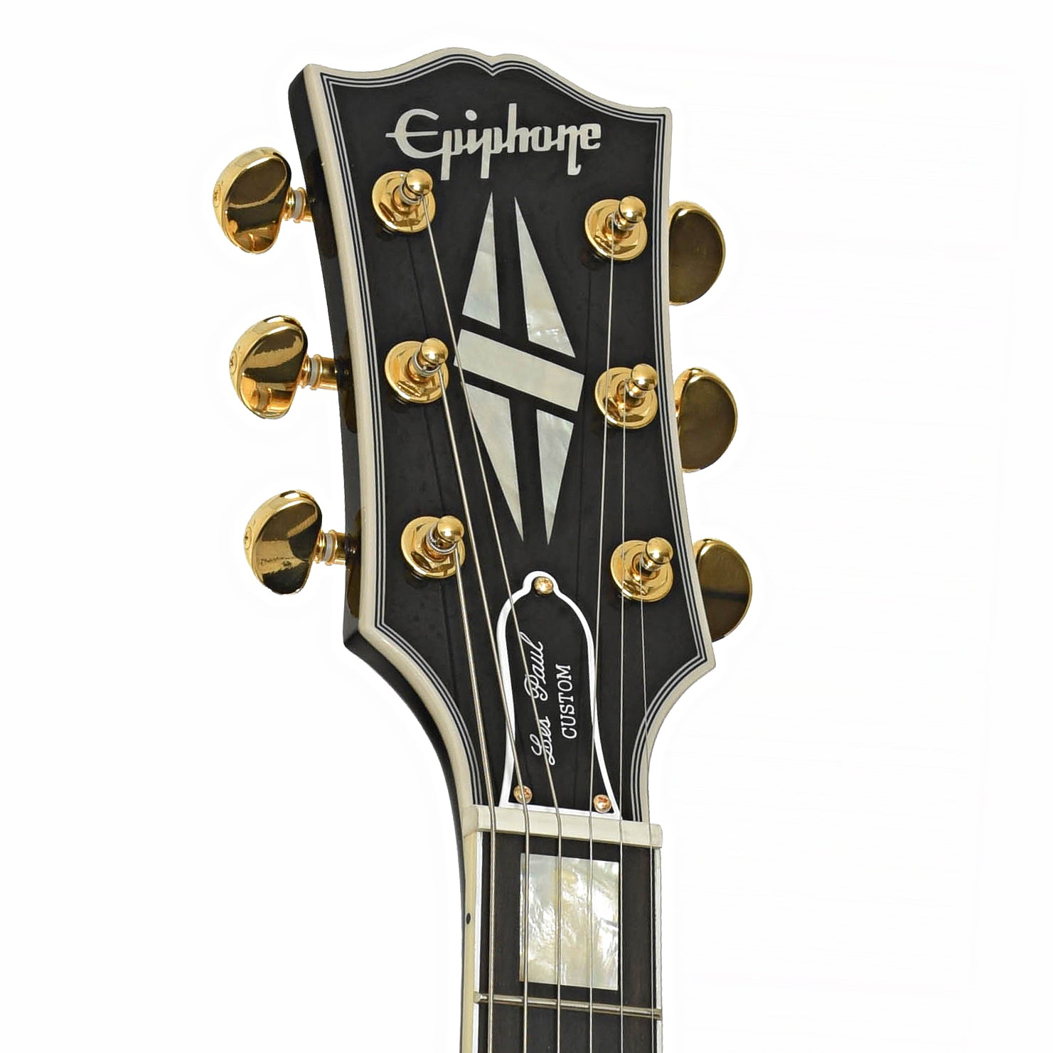 Headstock of Epiphone IGC Les Paul Custom Electric Guitar & Case, Ebony