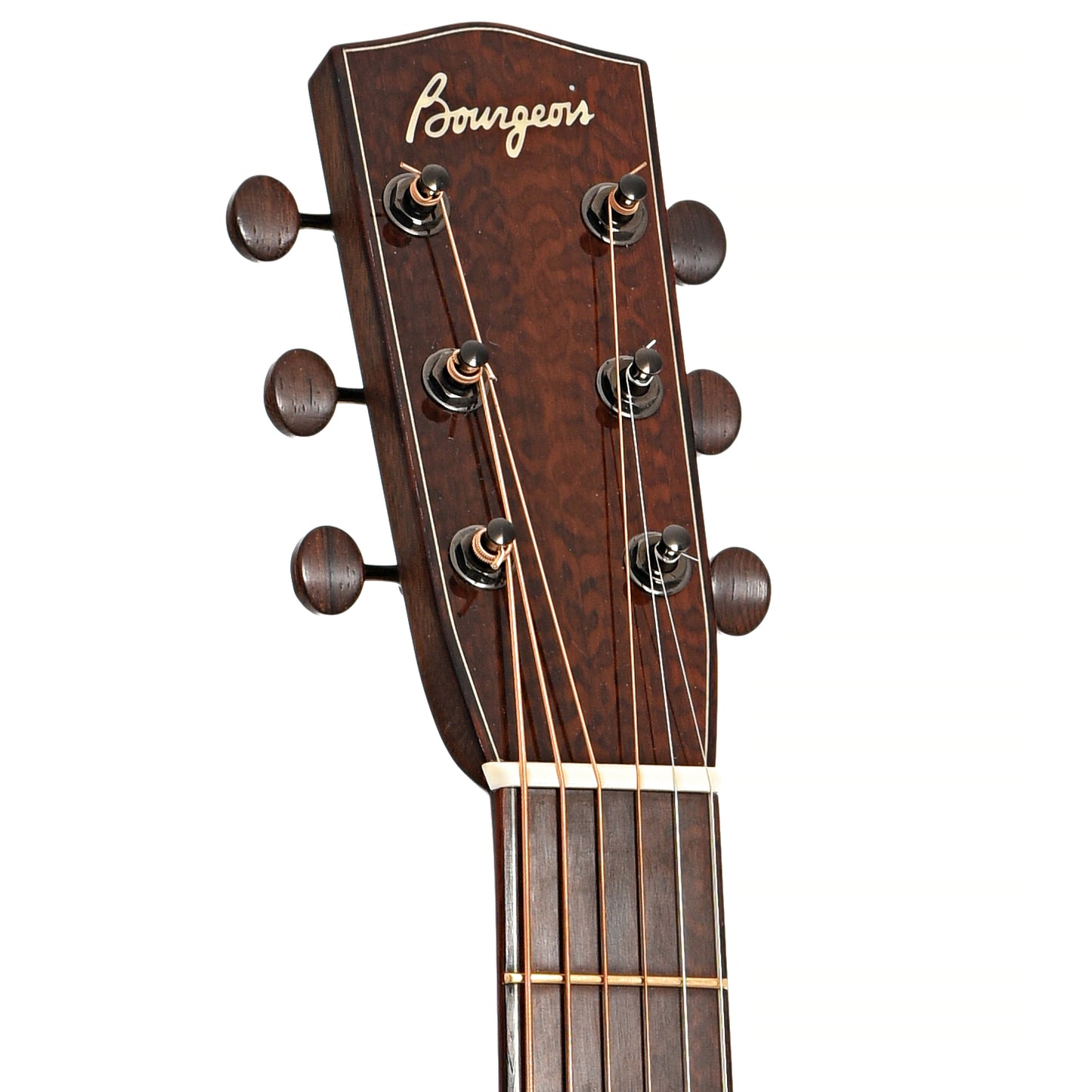 Front headstock of Bourgeois OMSC Odyssey Brazilian Rosewood Acoustic Guitar